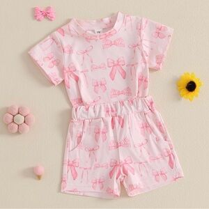 NEW Baby Girl Pink Bow Print Short Sleeve Shirt with Shorts Set 6-12 Months